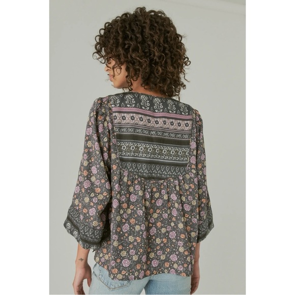 Lucky Brand Bohemian Hippie Retro 70s Lace Up Peasant Blouse Size Large - Picture 15 of 15